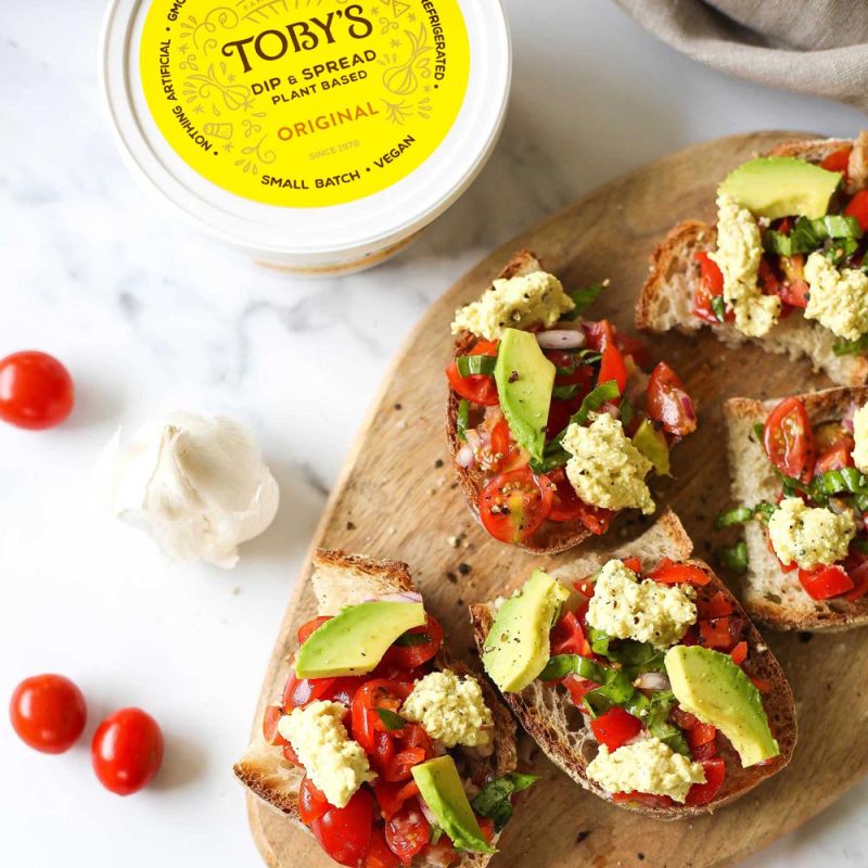 Summer bruschetta made with Toby's plant based dip and spread