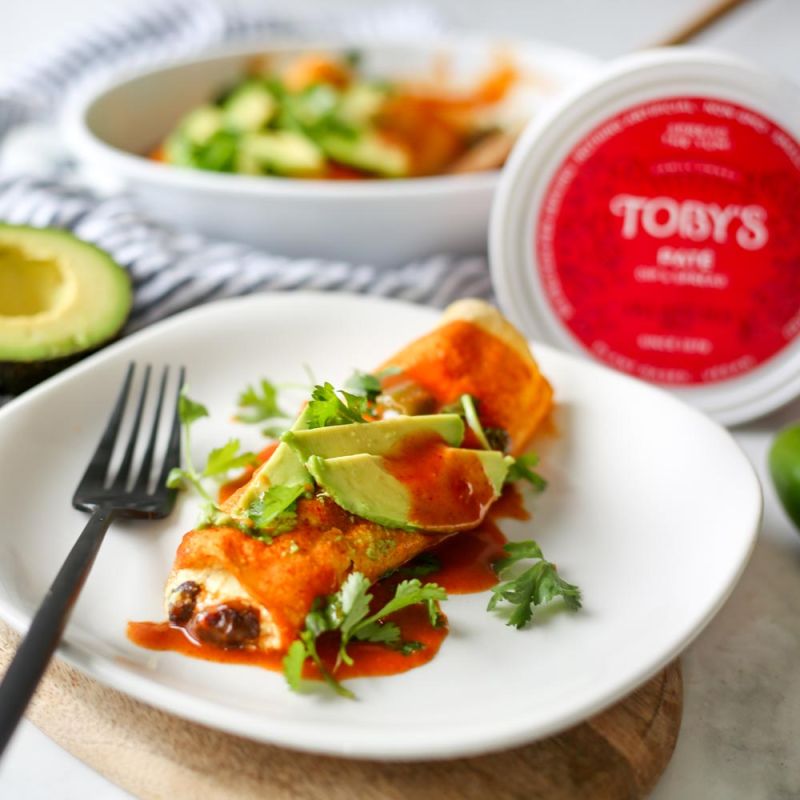 vegan enchiladas made with Toby's jalapeno tofu dip and spread